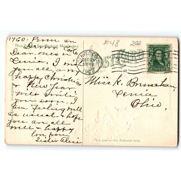 Vintage Christmas Postcard Children with Holly Wreath & Church Scene Gold BG - Picture 2 of 2